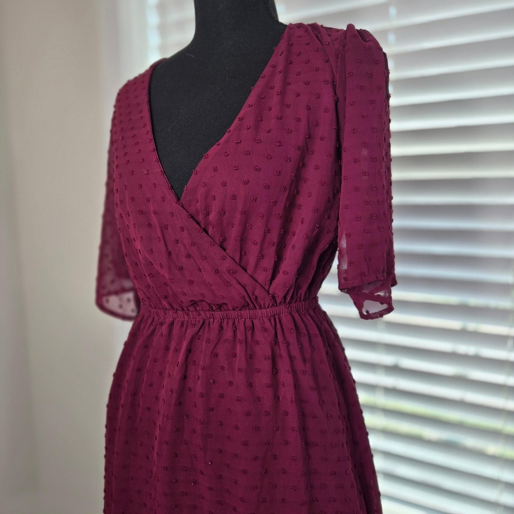 Rewind Wrap Dress Womens Small Burgundy Swiss Dot Flutter Sleeve Mini (D7)